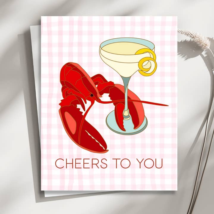 Cheers to You New England Greeting Card with Lobster for wholesale by Laurel Greenfield Art