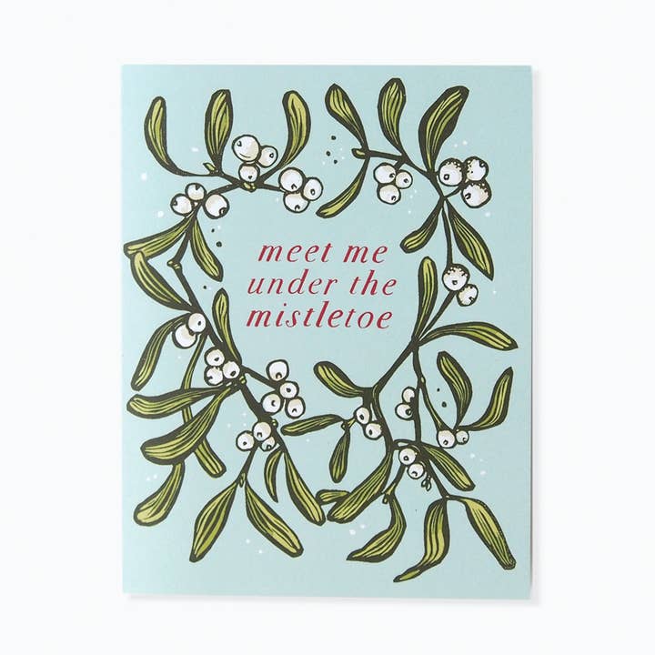 Hawk and Rose Press - Wholesale Season's Greetings Card - 'Mistletoe' Vintage Style Linocut Holiday Card0
