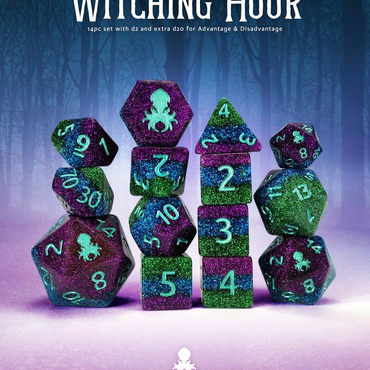 Hexenstunde 14-teiliges Würfelset in Türkis eingefärbt für den Großhandel von Kraken Dice