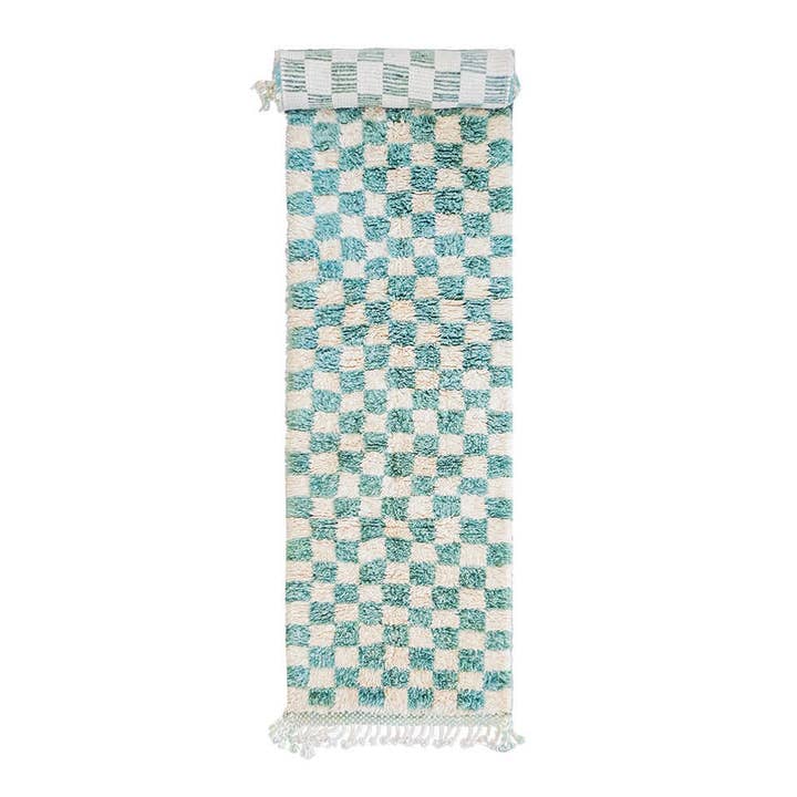 Moroccan Woven Treasures – wholesale Runner rug – Turquoise Checkered Runner, Handwoven Berber Shag rug4