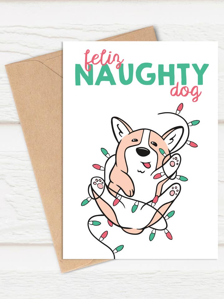 Funny Corgi Christmas Card for wholesale by Heather Leech Illustrations