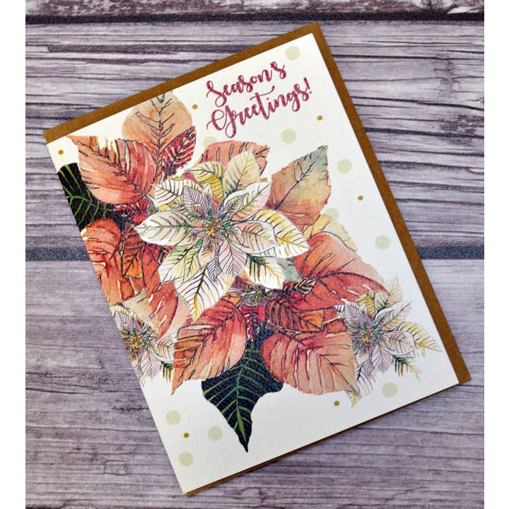 Seasons's Greetings Watercolor Poinsettia Cards for wholesale by Rootbound