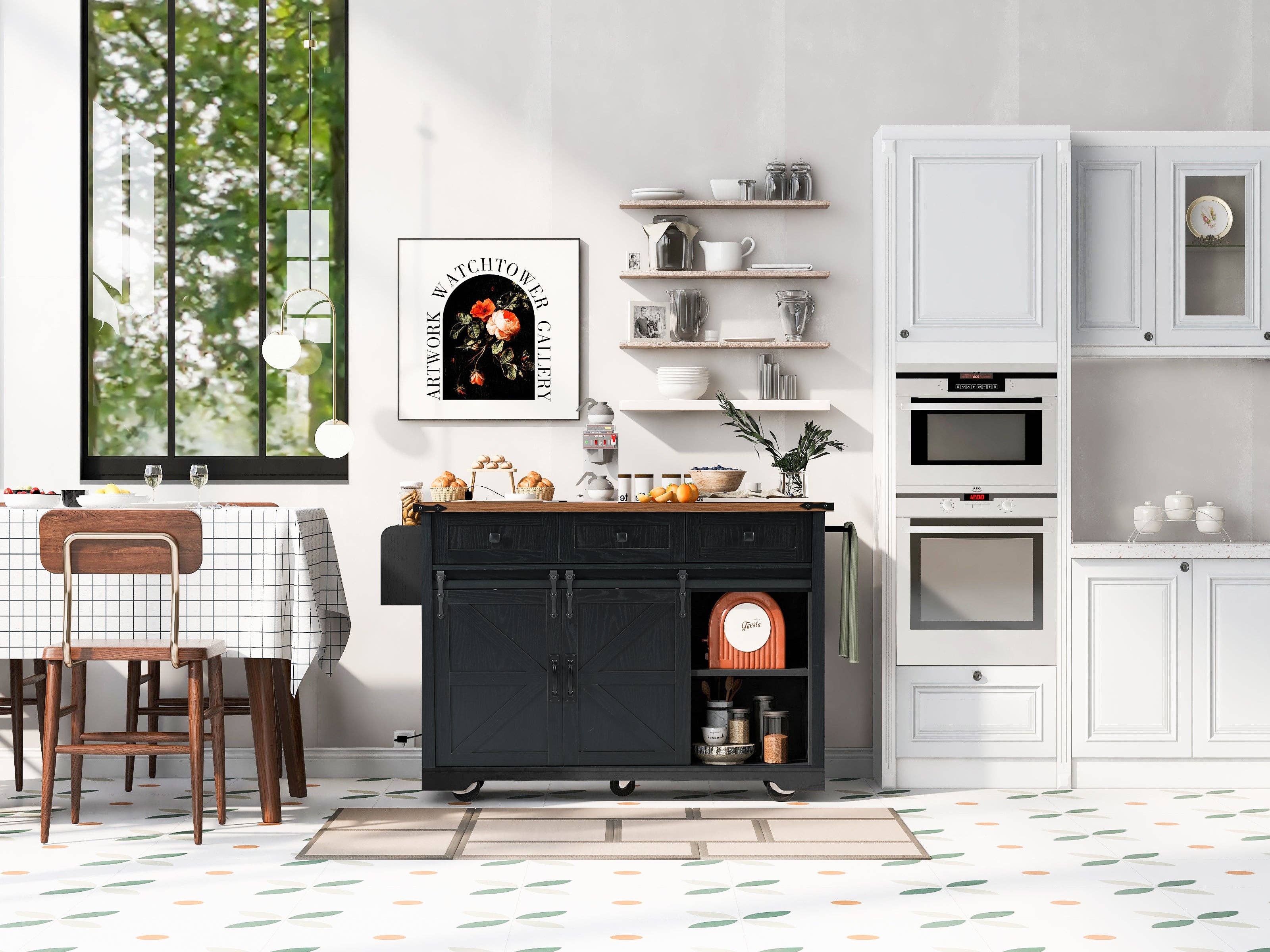 Orange County Decor - Wholesale Kitchen Storage/Organizer - K&K 53.7" Farmhouse Kitchen Island With Power Outlet, 2 Sliding Barn Door Kitchen Storage Island With Drop Leaf, Spice Rack Rolling Kitchen Cart On Wheels, For Home, Kitchen And Dining Room, Black8