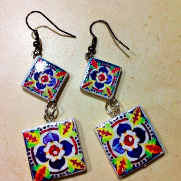 Cheerful earrings, Statement jewelry, Square dangle earrings for wholesale by LUSO TILES JEWELRY