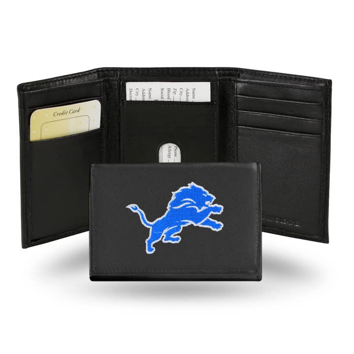 DETROIT LIONS BLACK EMBROIDERED LEATHER TRI-FOLD WALLET for wholesale by Good Tymes Enterprises Inc
