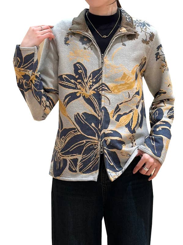 Navy / Yellow Wild Lilies Reversible Zipper Sweater for wholesale by Winding River