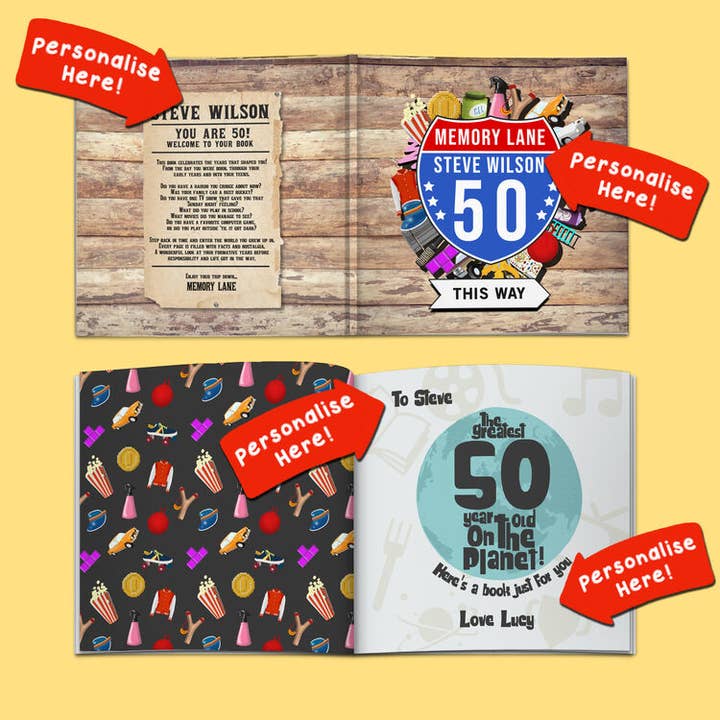 Personalised 'Memory Lane' 50th Birthday Book US Edition for wholesale by From Lucy and Co