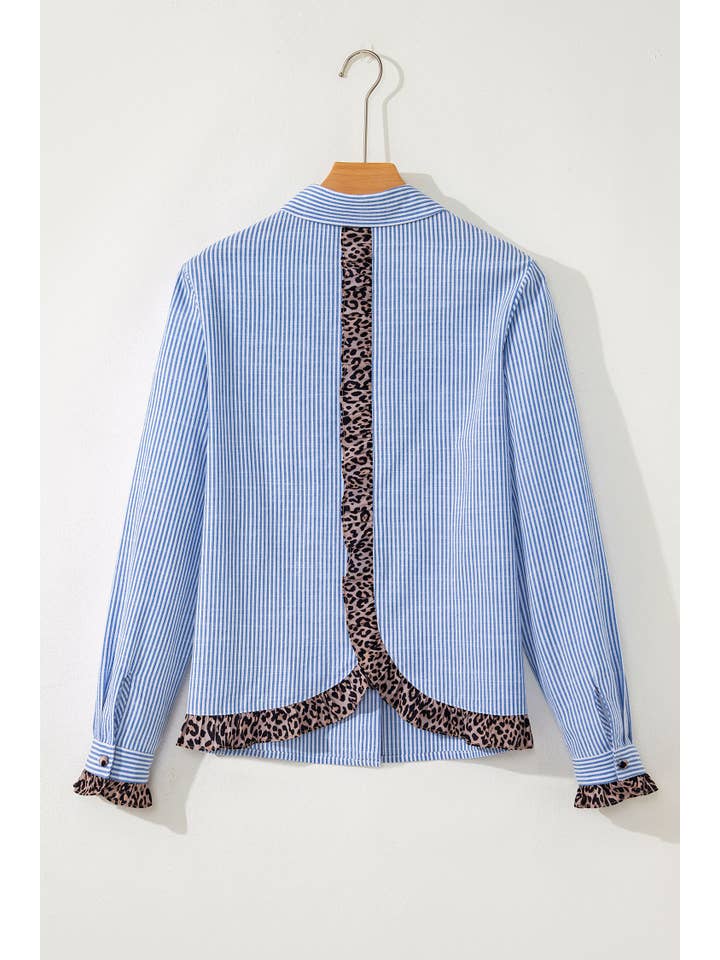 bleu Chemise décontractée à volants avec contraste rayé et bordure léopard (S-XL) en vente sur Faire4