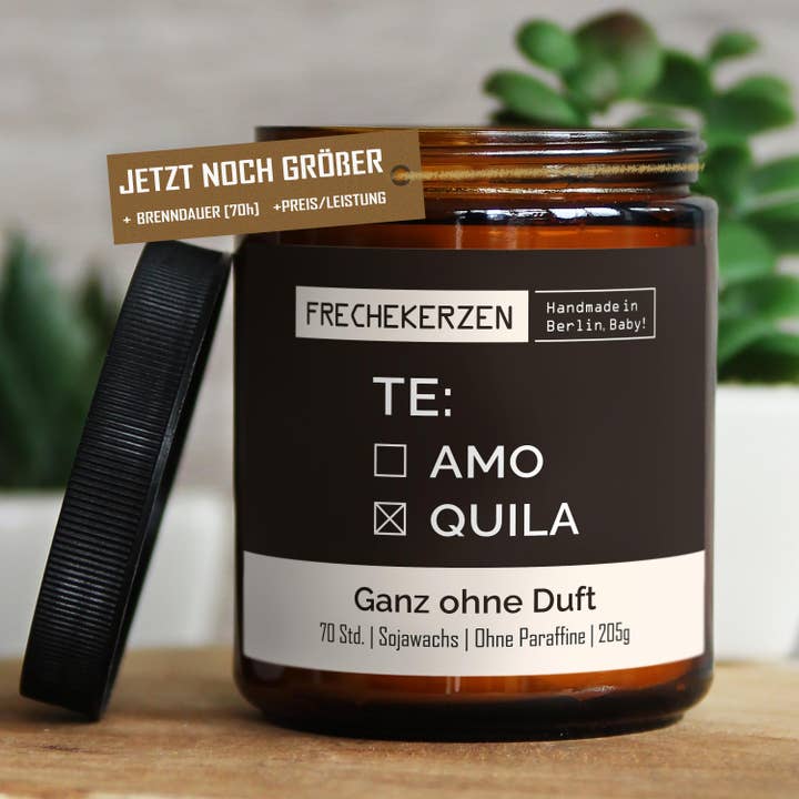 Geurkaars met spreuk | te: amo quila| Geschenk Soja voor wholesale door mysoy® Duftkerzen-Manufaktur