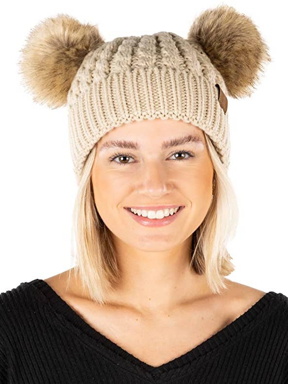 Gorro con doble pompón (pompón de piel sintética beige/natural) para venta al por mayor de Funky Junque