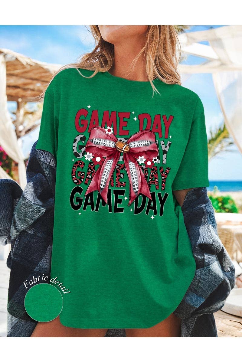 COLORBEAR - Wholesale T-Shirt (Graphic) - Women's - Red Silver Football Game Day Bow Heavy Cotton Tee0