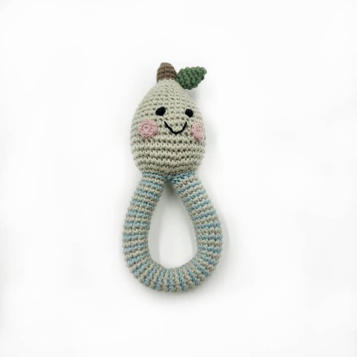 Crochet Baby Toy Pear ring rattle duck egg blue for wholesale by Pebblechild