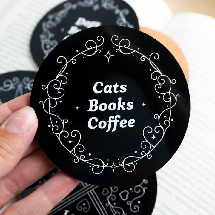 Cats, Books & Coffe - Bookish Round Coaster with Cork Bottom for wholesale by Creative Goodie