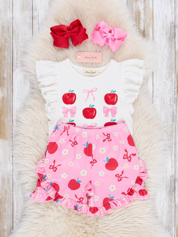 Marie Nicole Clothing - Wholesale Top & Short Set - Kids - Apples & Bows Ruffle Outfit1