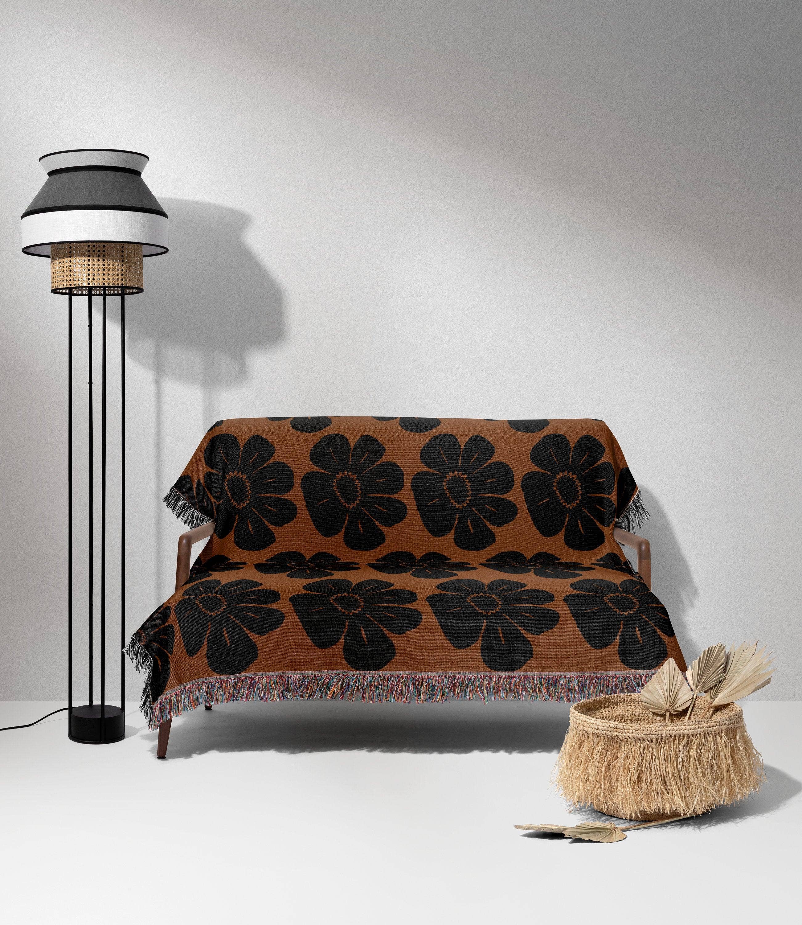 TaylorBassam - Wholesale Throw Blanket - Brown And Black Matisse Flower Woven Cotton Blankets0