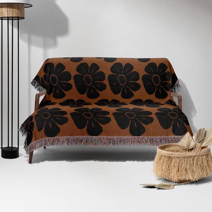 TaylorBassam - Wholesale Throw Blanket - Brown And Black Matisse Flower Woven Cotton Blankets0
