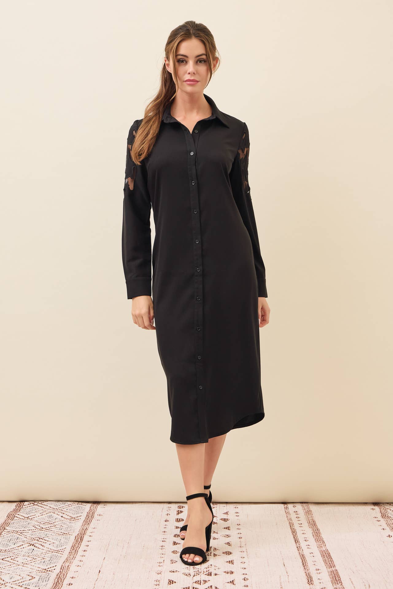BLACK Possibilities Woven Shirt Dress With Mesh Cutout for wholesale on Faire1