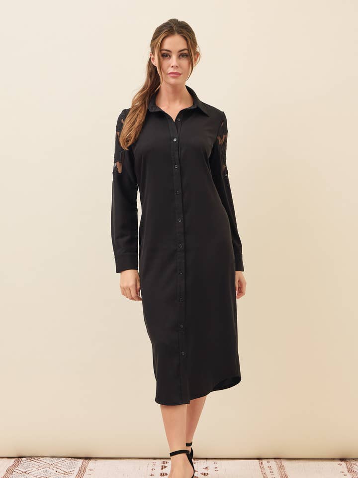 BLACK Possibilities Woven Shirt Dress With Mesh Cutout for wholesale on Faire1