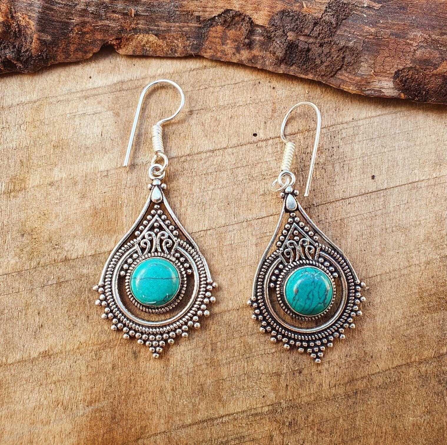 Kaali Boutique – wholesale Dangle earrings – Turquoise Silver Drop Dangle earrings / Birth Stone / Ethnic / rustic, yoga, hippie, gypsy, pretty, psy, boho, bohemian, festival5