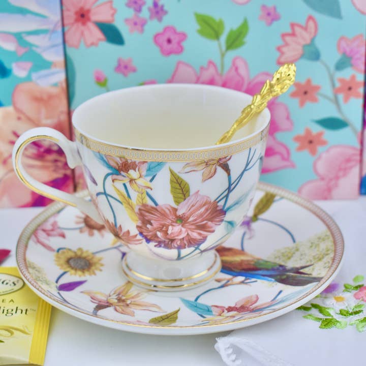 Hummingbird Harlequin Bird on White Footed Teacup for wholesale by All Little Cute Things