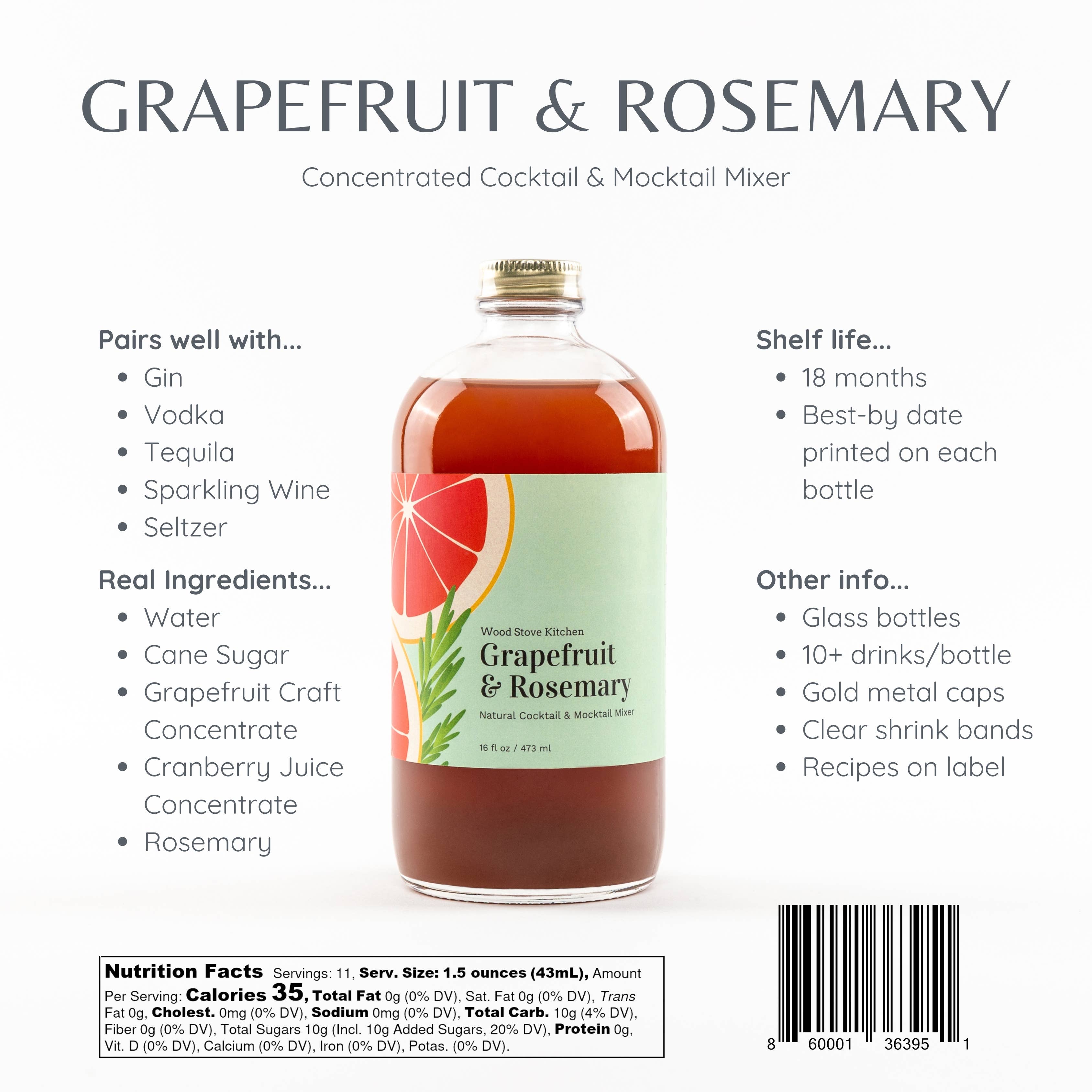 Wood Stove Kitchen - Wholesale Cocktail Mix/Syrup - Grapefruit & Rosemary Cocktail and Mocktail Mixer, 16 fl oz3