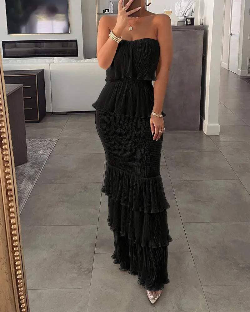 Flarix - Vente Robe – femme - robe bandeau froncée à ourlet volanté10