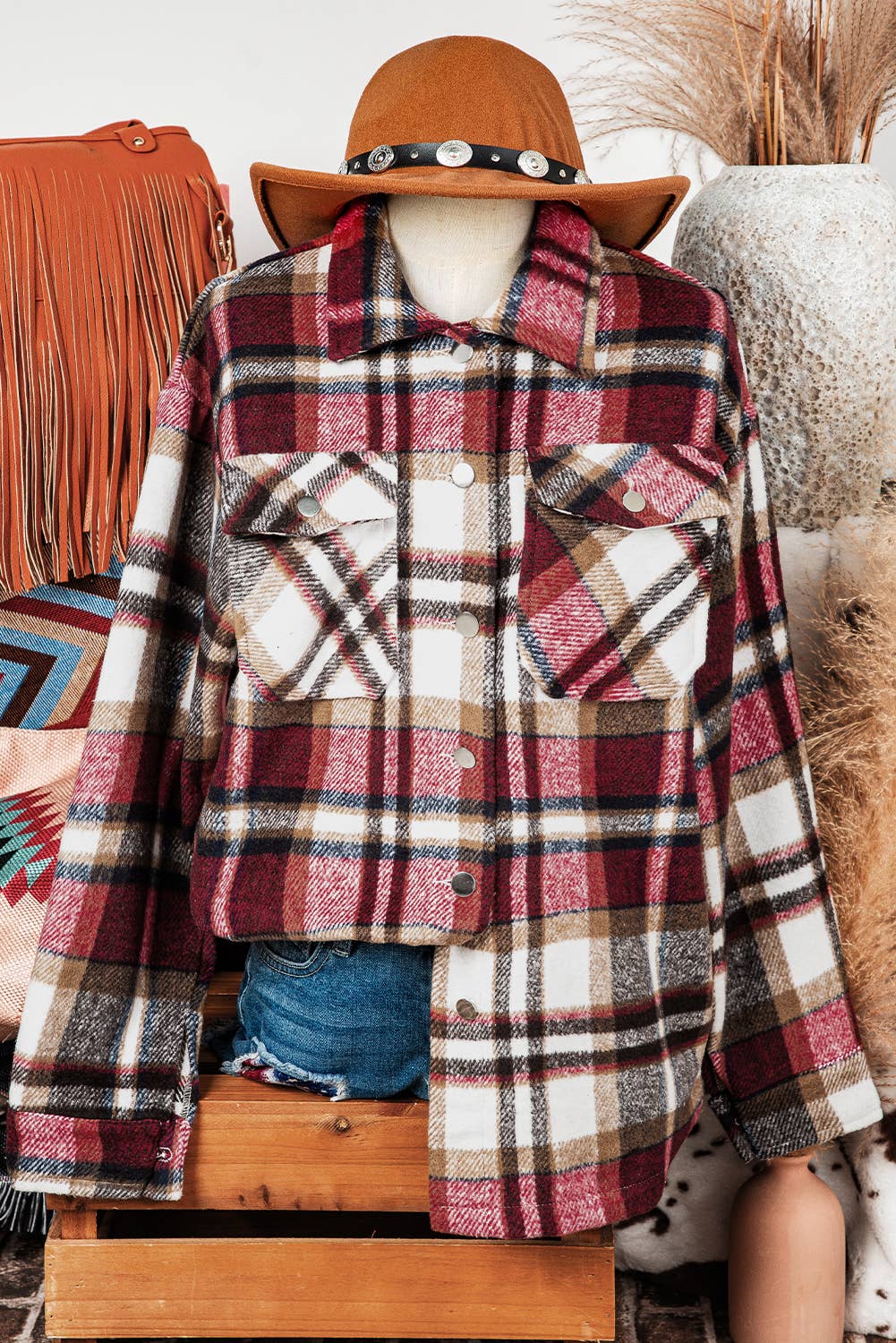 fashionworks - Wholesale Shirt Jacket/Shacket - Women's - Geometric Plaid Print Pocketed Shacket15