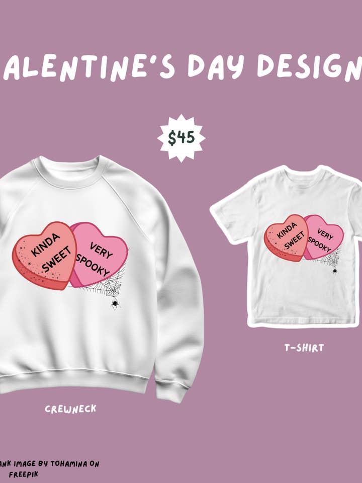 Pre-order Kinda Sweet Very Spooky Valentijnsdag T-shirts en Sweaters voor wholesale door Chaotic Crystal Chick Co.