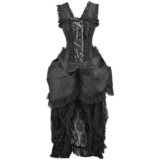 Top Drawer svart spetskorsettklänning med stålribbor och viktoriansk baksvalka för wholesale av Daisy Corsets