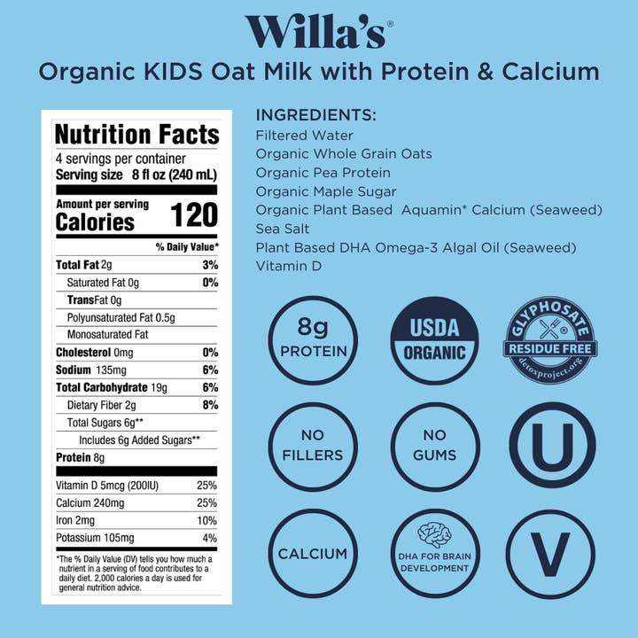 Willa's Organic Oat Milk - Wholesale Non-Dairy Milk - Willa's Organic Kids Oat Milk with Protein and Calcium4