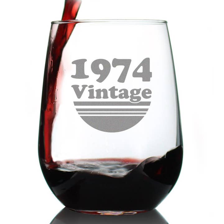 Vintage 1974 Stemless Wine Glass - 52nd Birthday Gifts for wholesale by bevvee
