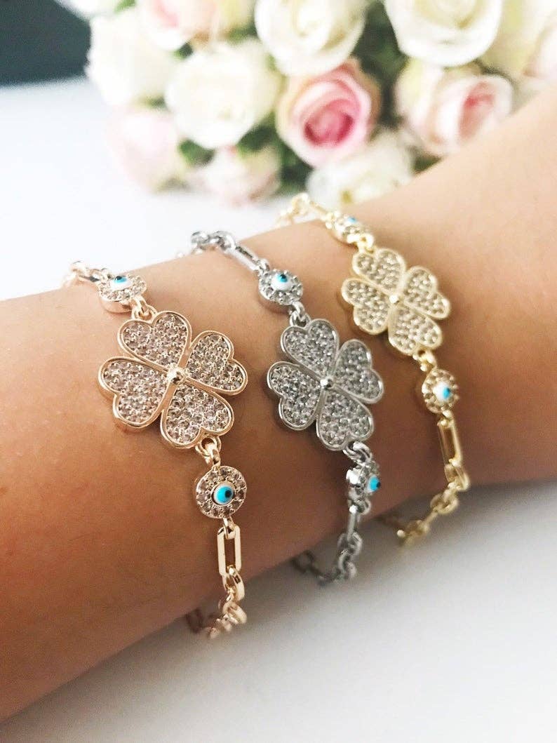 Evileyefavor - Vente Bracelets à breloques/pendentifs - Bracelet en trèfle mauvais œil, bijoux mauvais œil, bracelet trèfle à quatre feuilles en argent or rose7
