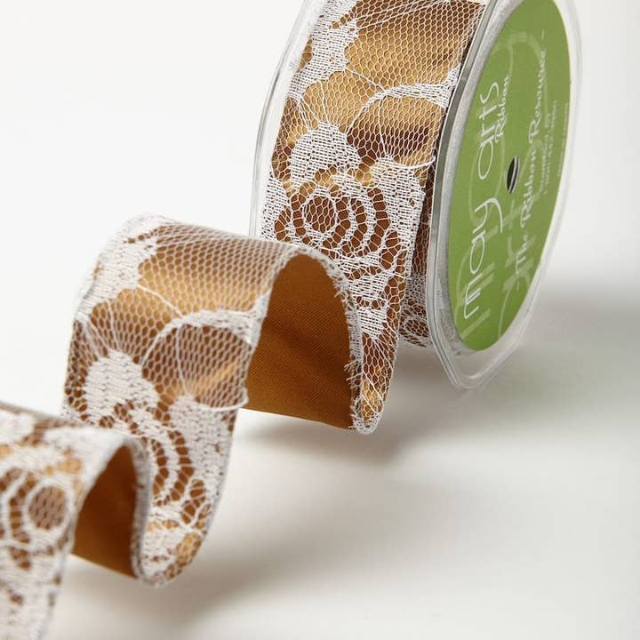 May Arts Ribbon - Wholesale Ribbon – Gift wrapping - 1.5" Gold Satin White Lace Overlay Ribbon (Wired)0