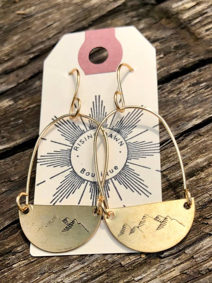 Hand stamped mountain brass and hoop earrings for wholesale by Rising Dawn Boutique