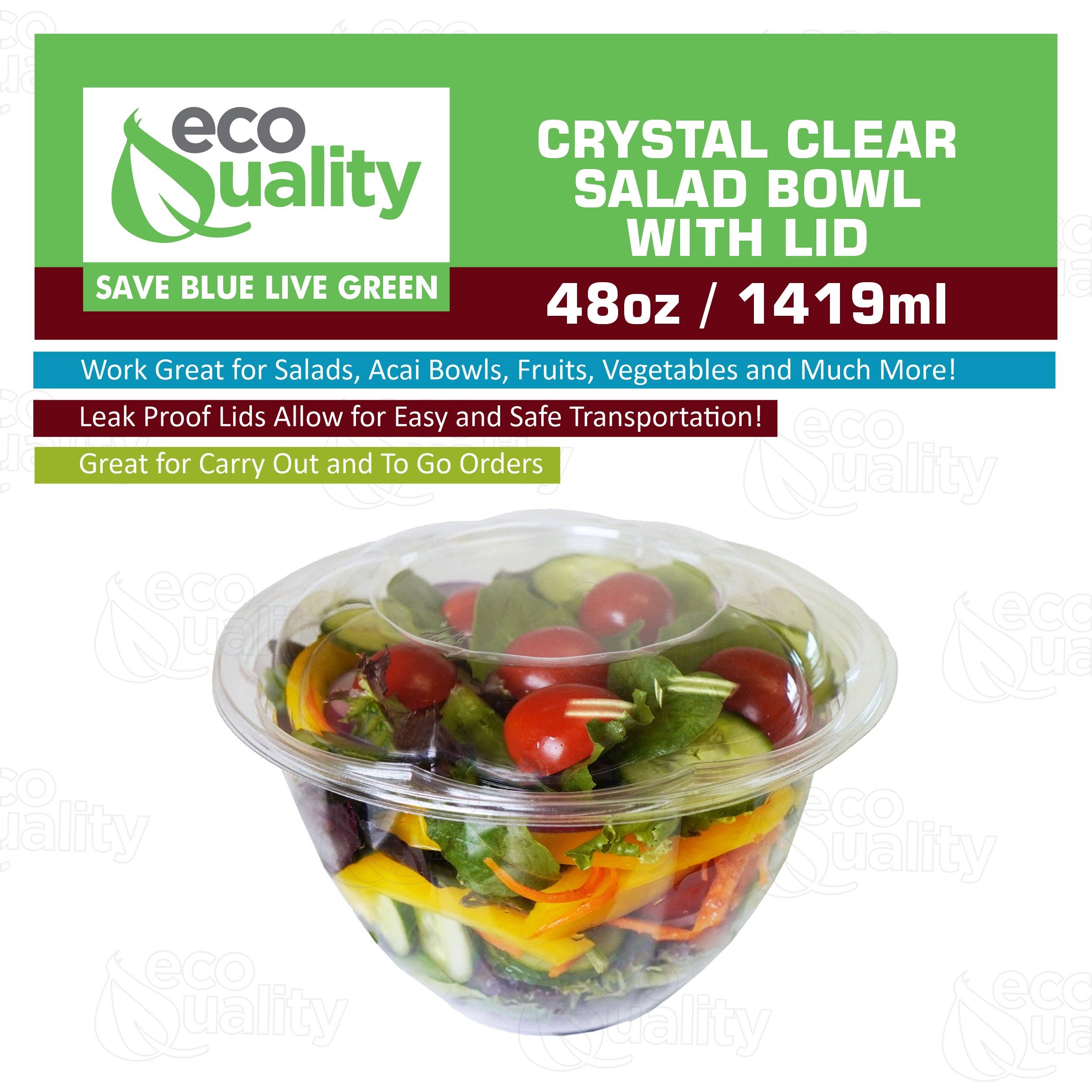 EcoQuality - Wholesale Food Storage Container - 48Oz Crystal Clear Plastic Disposable Salad Bowls with Lids5