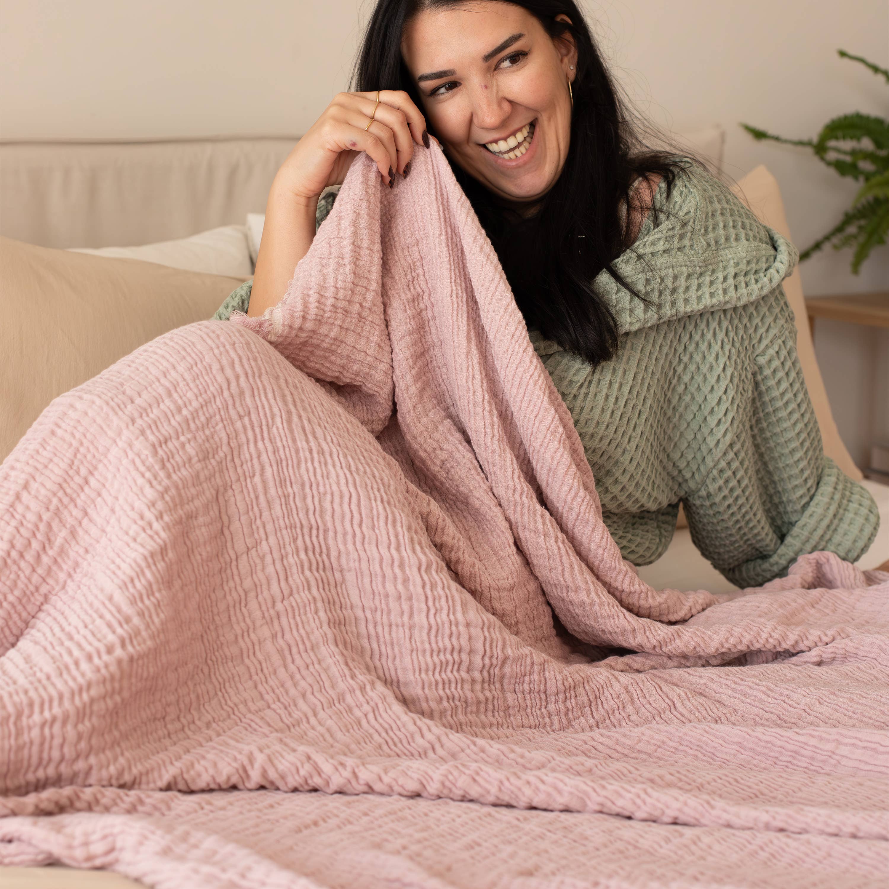 Vivamaison - Vente Plaids - Couvre-lit en mousseline frangé 100 % coton doux, 4 couches premium107