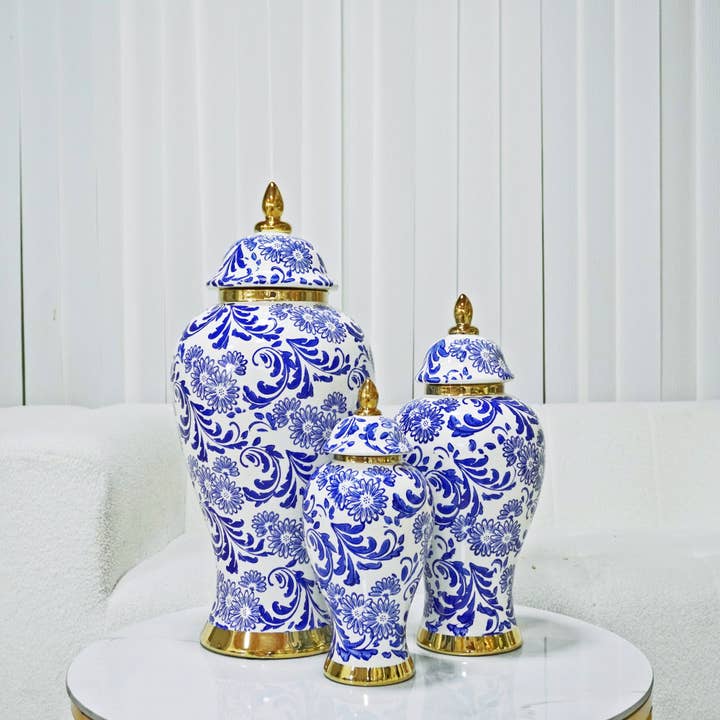 White Ceramic Ginger Jar Vase with Blue & Gold Accents for wholesale by Amazing Rugs