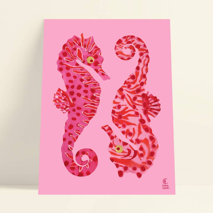 Affiche décorative rose hippocampes - 21 x 29.7cm pour la vente par Claire Colin