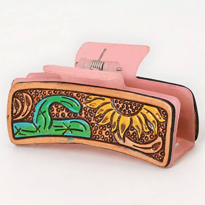 LS Western - Wholesale Hair clip – Women’s - ADHC118 Sunflower & Cactus Tooled Leather Hair Band Pink Clip Clutcher - Western Pink Clip | American Darling