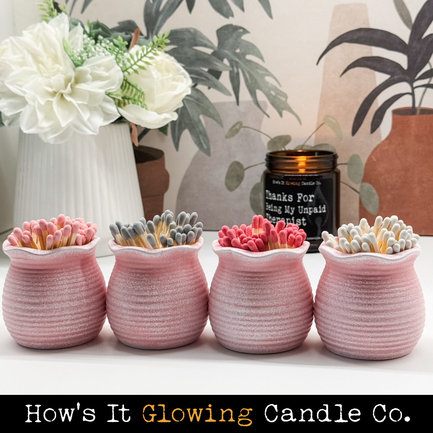 How's It Glowing Candle Co. - Wholesale Match Holder - Ceramic Match Holders With Striker On Bottom & 3" Matches5