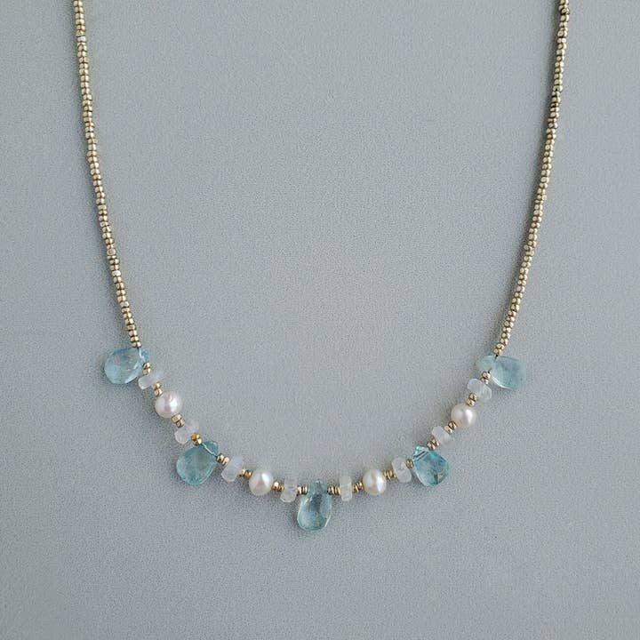 Aquamarine Pearl Beaded Necklace for wholesale by Carrie Whelan Designs
