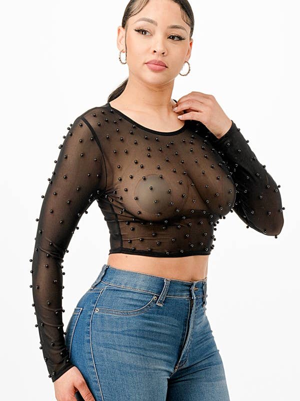 623-Dames Zwarte Transparante Mesh Crop Top met Parelversiering voor wholesale door JBLA FASHION
