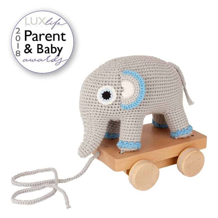 crocheted pull along animal elephant JUMBO in blue for wholesale by SindiBaba