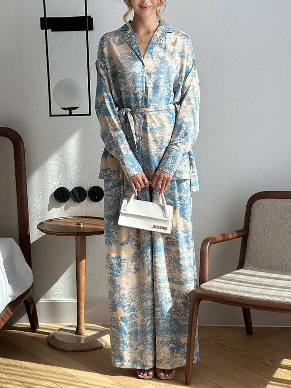 BLUE Long Sleeves Buttoned Printed Tied Waist Notched Collar Shirts Top + High Waisted Pants Bottom Two Pieces Set for wholesale on Faire4