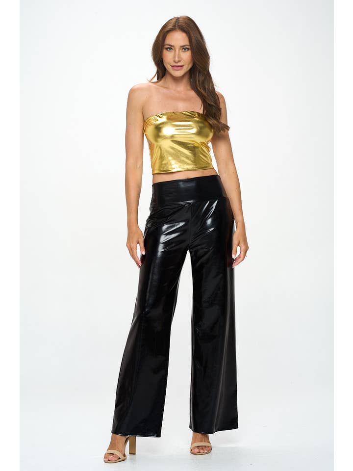 BLACK Made in USA Metallic Wide Leg Pants with Thick Waistband for wholesale on Faire