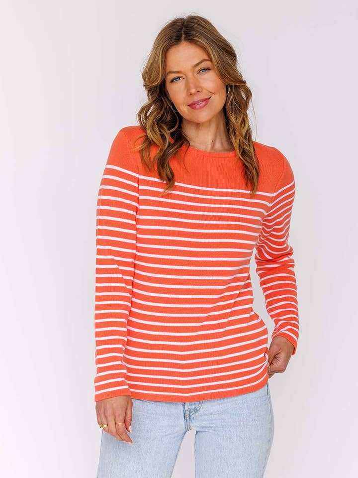 Coastal Peach White Stripe Classic Breton Crew for wholesale on Faire