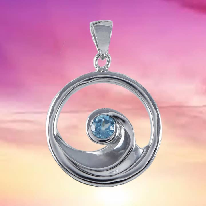 Hawaiian Genuine Blue Topaz Ocean Wave Pendant, Sterling Silver Blue Topaz Ocean Wave Pendant, N8887 Birthday Valentine Mom Gift for wholesale by Paradise Treasures Jewelry