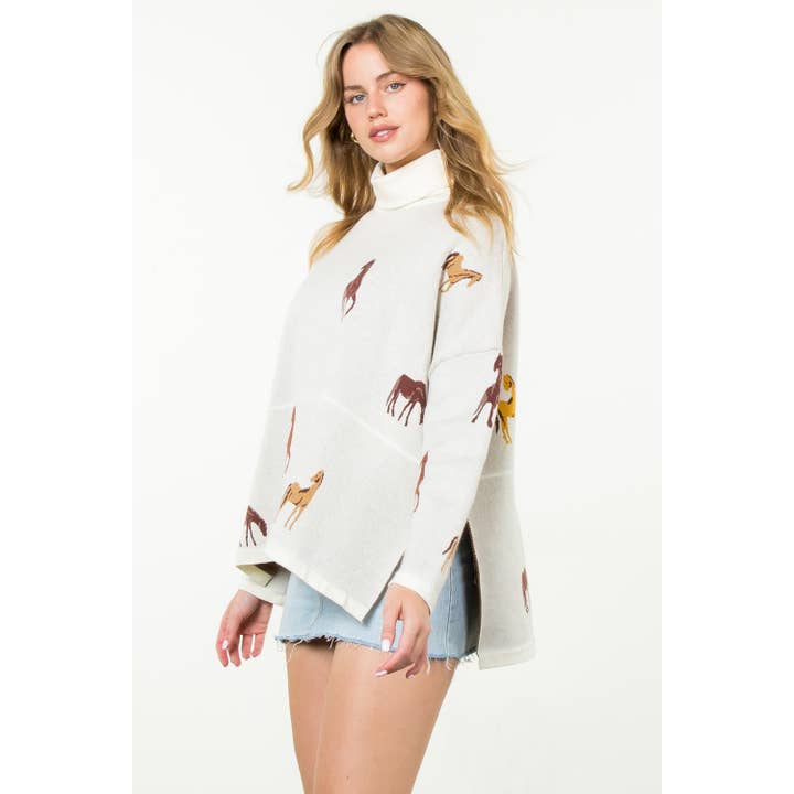 THML - Wholesale Knit Sweater - Women's - Turtleneck Horse Print Sweater