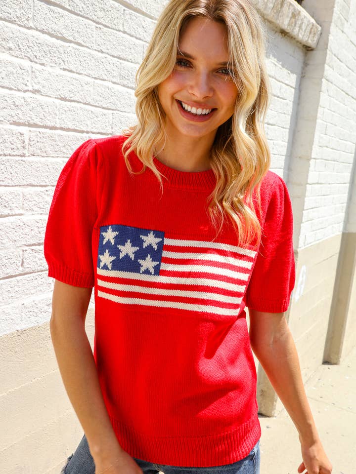 Maglione a maniche corte in jacquard con bandiera americana a bolle (confezione aperta) per la vendita all'ingrosso da parte di Promenade