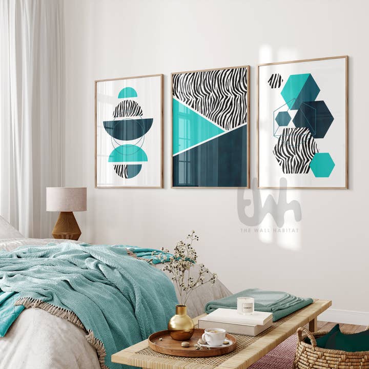 THE WALL HABITAT - Wholesale Gallery Wall Set - Turquoise and Teal Blue Zebra Print Set of 3 | Modern Geometric Wall Art3